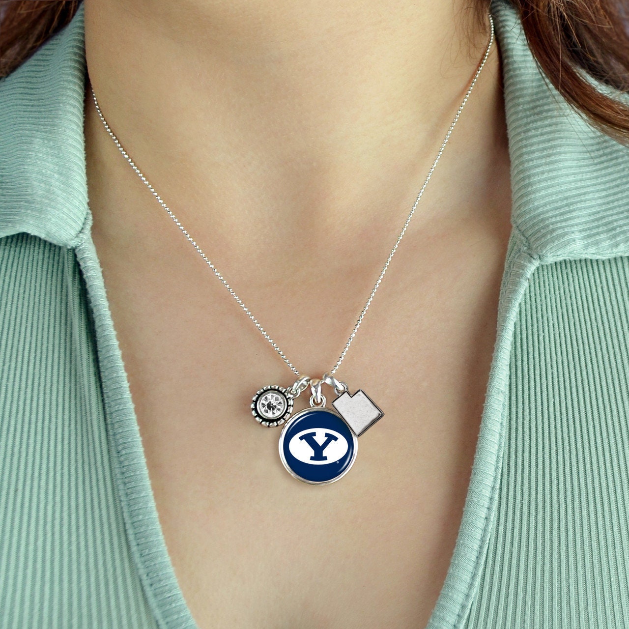 Officially Licensed BRINGHAM YOUNG BYU Cougars Necklace - Triple Charm Necklace with Crystal Utah State Pewter Charms Sterling Plated