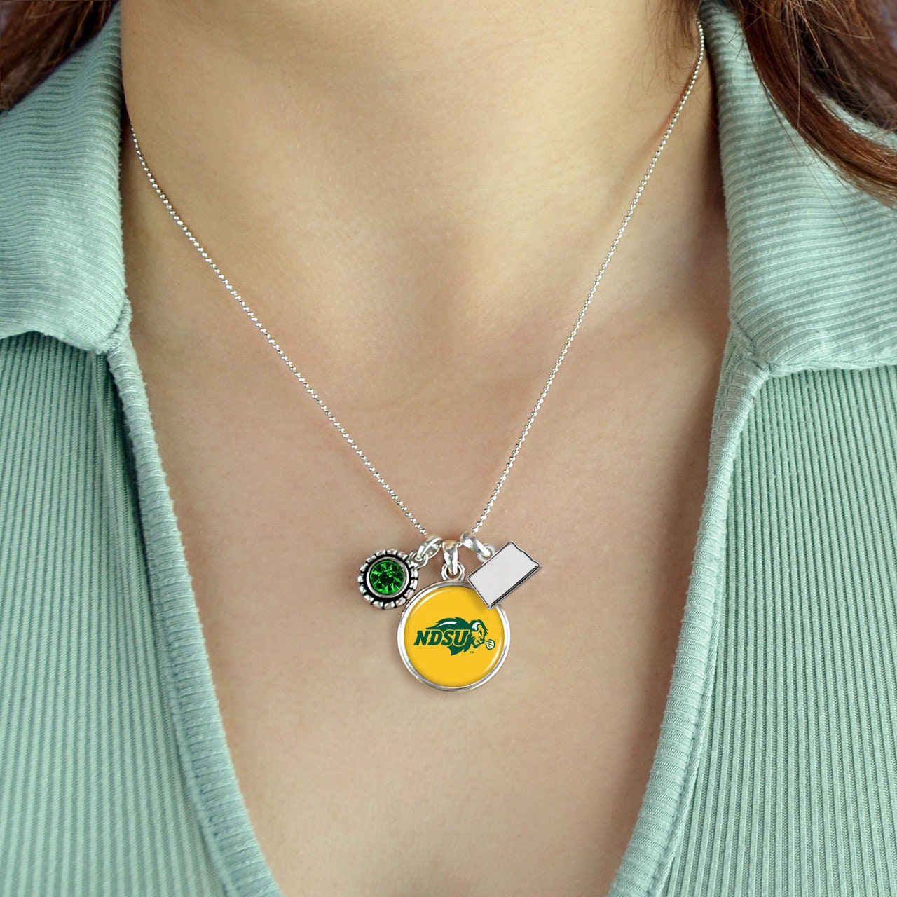 Officially Licensed NORTH DAKOTA STATE Bison Necklace - Triple Charm Necklace with Crystal North Dakota State Pewter Charms Sterling Plated