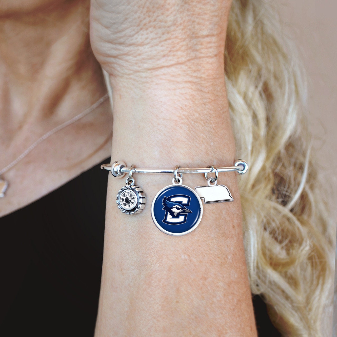 Officially Licensed CREIGHTON BLUEJAYS Bracelet - Triple Charm Bracelet with Crystal Nebraska State Pewter Charms Sterling Plated