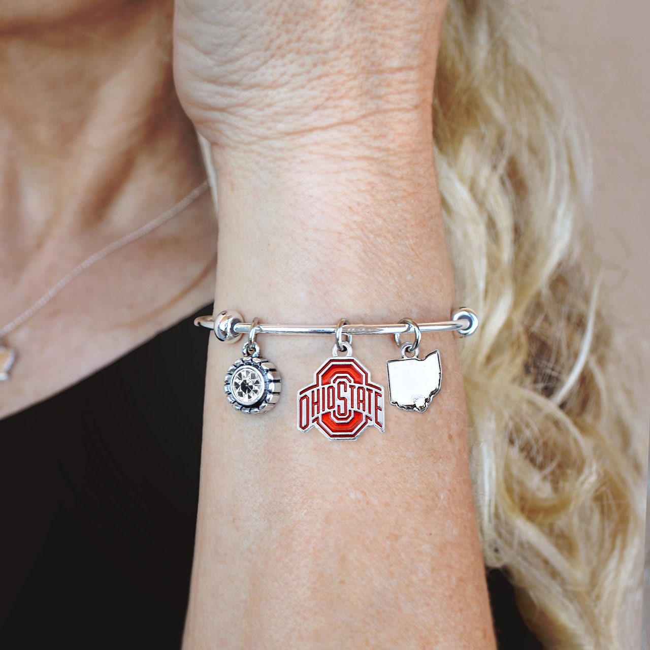 Officially Licensed OHIO STATE BUCKEYES Bracelet - Triple Charm Bracelet with Crystal Ohio State Pewter Charms Sterling Plated
