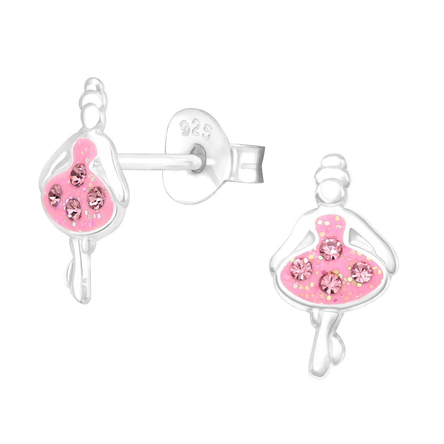 925 Sterling Silver Earrings Ballet Girl with Crystal - Ear Studs with Backing - Epoxy - Hypoallergenic Earrings
