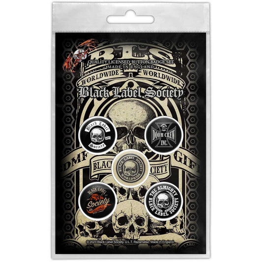 BLACK LABEL SOCIETY Button Badge 5 Piece Set - Each Badge Approx 1 Inch - Black Label Society Worldwide - Pinback Badge Button Pack Set