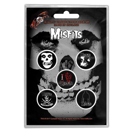MISFITS Button Badge 5 Piece Set - Each Badge Approx 1 Inch - Misfits Skull Designs Rock Band - Pinback Badge Button Pack Set