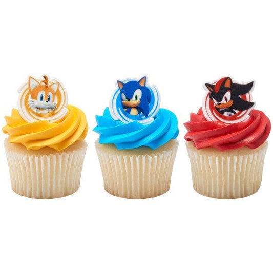 12 SONIC THE HEDGEHOG Cupcake Rings - Character Shape Sonic, Tails and Shadow Cake Toppers for Birthday Party Decoration Craft Supply