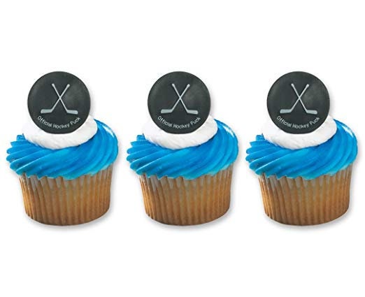 12 Hockey Puck Cupcake Rings Cake Toppers for Birthday Party NHL