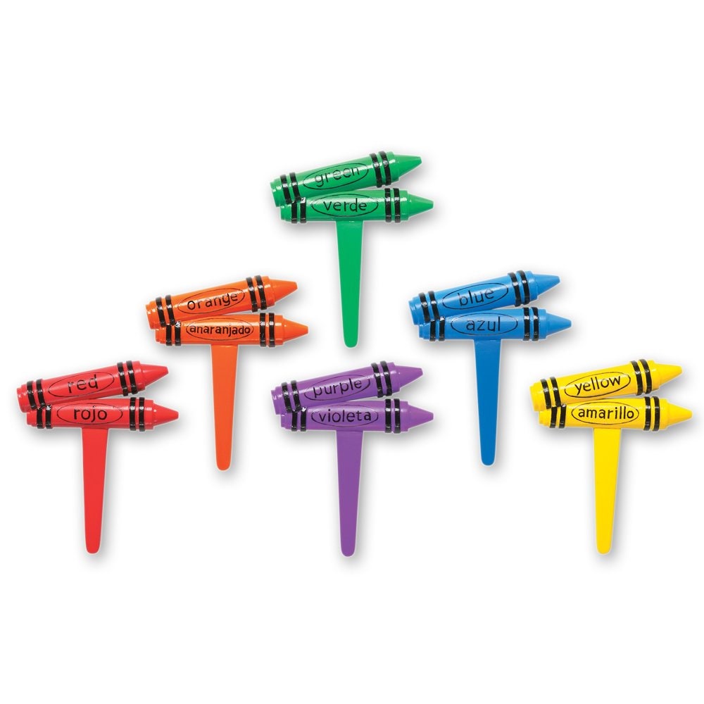 12 Crayon Cupcake Picks Bilingual Rings Cake Toppers for School Birthday Party Craft Supply