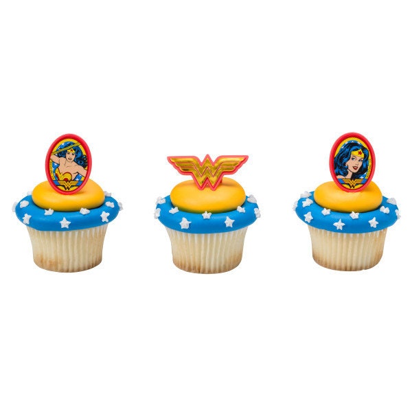 12 WONDER WOMAN Cupcake Rings Cake Toppers for Birthday Party Decoration