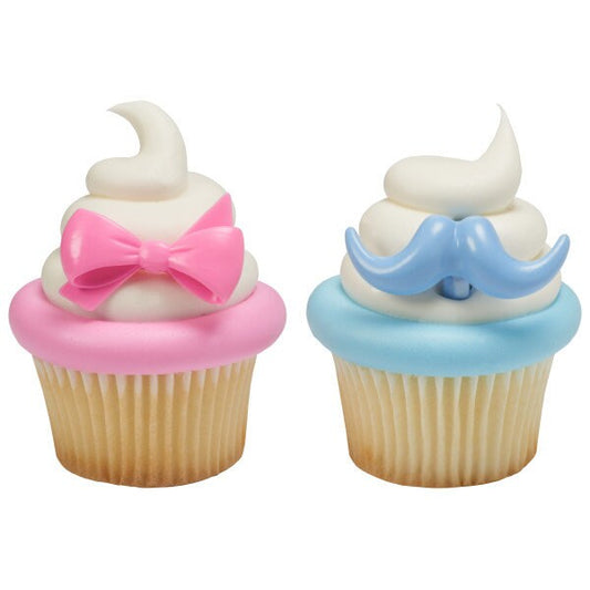 12 BOW AND MUSTACHE Cupcake Rings Cake Toppers for Birthday Party Decoration Craft Supply