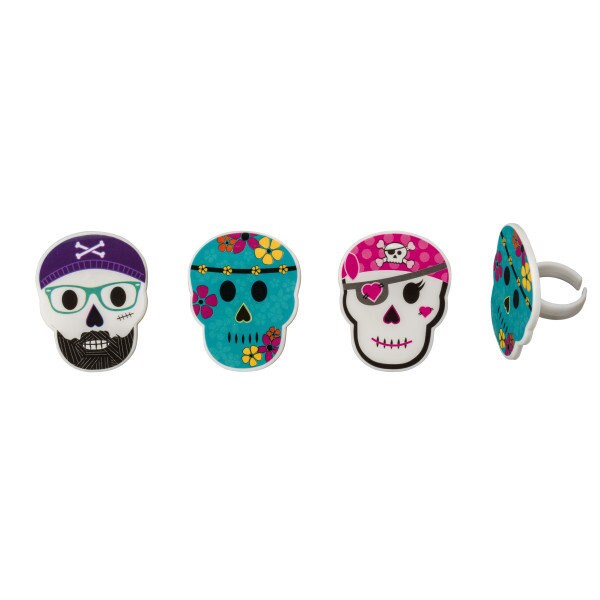 12 SKULL Cupcake Rings Various Characters Pirate Cake Toppers for Birthday Party Decoration Craft Supply