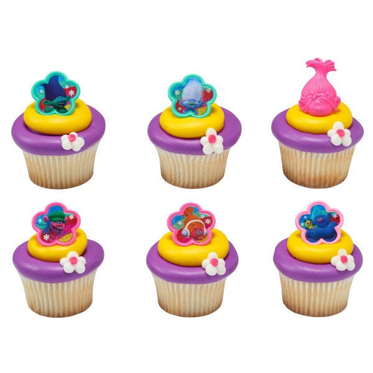 12 TROLLS Cupcake Rings DreamWorks Trolls True Colors Cake Toppers for Birthday Party Decoration