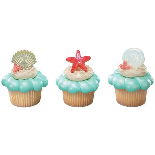 12 SEA SHELLS Cupcake Rings Cake Toppers Under the Sea Beach Ocean Party Decoration Craft Supply