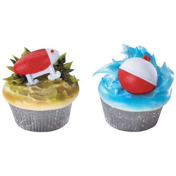 12 FISH LURE BOBBERS Cupcake Rings Cake Toppers Bait Fish Pole Birthday Party Decoration