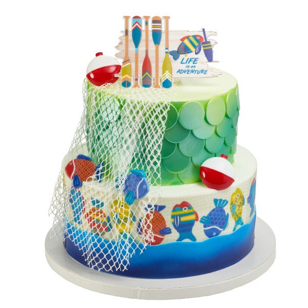 12 FISH LURE BOBBERS Cupcake Rings Cake Toppers Bait Fish Pole Birthday Party Decoration Craft Supply