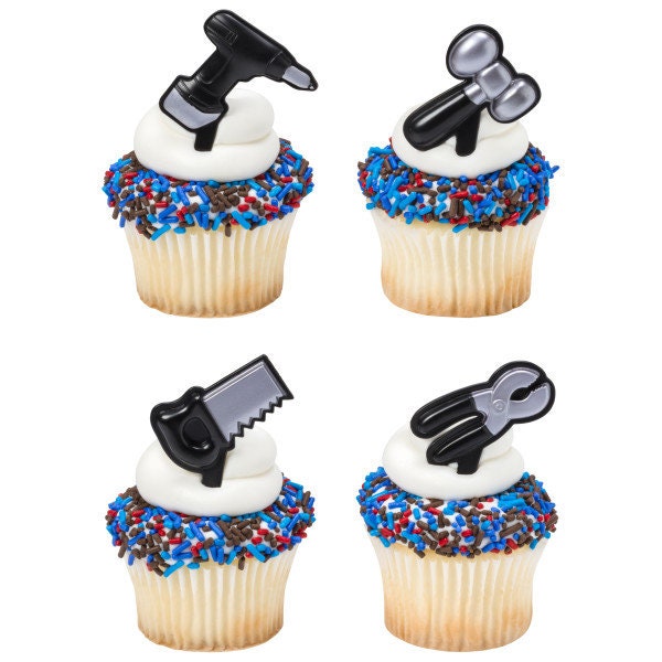 12 TOOLS Cupcake Picks Cake Toppers Father's Day Party Hammer Saw Drill Decoration Birthday Craft Supply