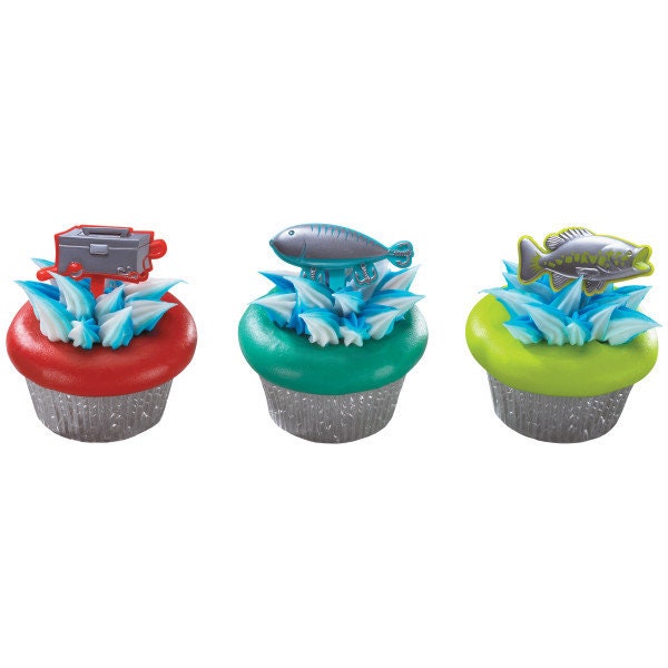 12 FISHING Cupcake Picks Cake Toppers Father's Day Bobber Lure Pole Tacklebox Decoration Birthday