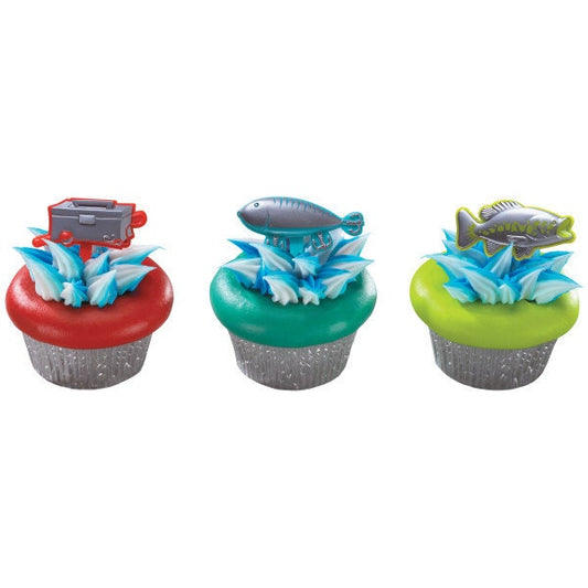 12 FISHING Cupcake Picks Cake Toppers Father's Day Bobber Lure Pole Tacklebox Decoration Birthday