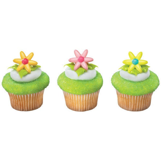 12 SPRING DAISY Cupcake Rings Picks Cake Toppers Flower Easter Decoration Birthday Craft Supply