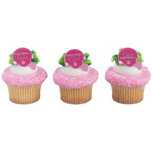 12 PINK FOOTBALL HELMET Cupcake Rings Nfl Cake Toppers for Birthday Party Decoration Craft Supply