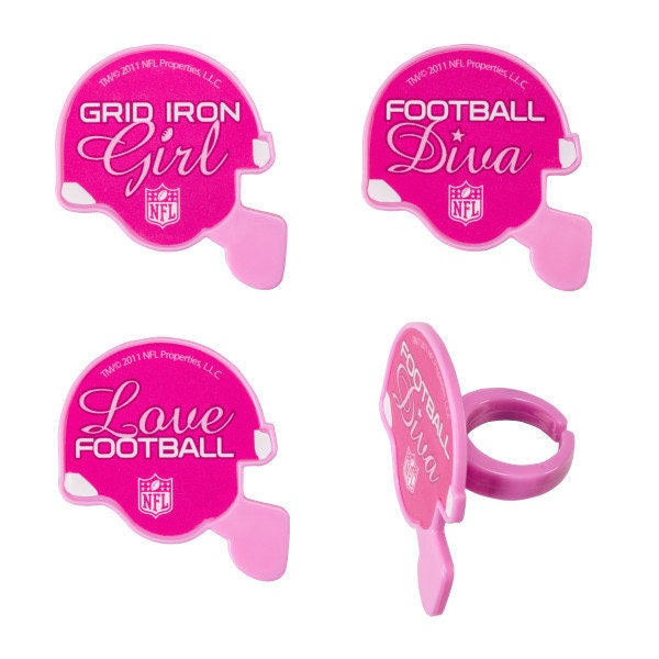 12 PINK FOOTBALL HELMET Cupcake Rings Nfl Cake Toppers for Birthday Party Decoration Craft Supply