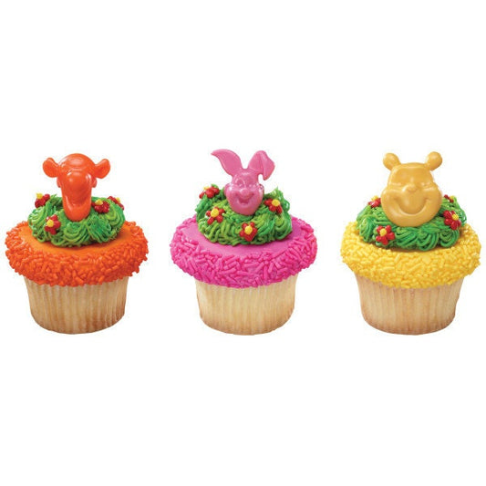12 WINNIE THE POOH Cupcake Rings Piglet Eeyore Tigger Pooh Picks Cake Toppers Decoration Birthday Craft Supply