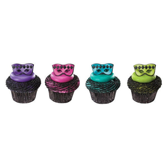12 MASQUERADE MASK Cupcake Rings Theatre Drama Mardi Gras Picks Cake Toppers Decoration Birthday Party
