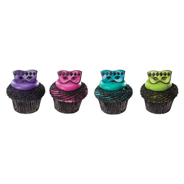 12 MASQUERADE MASK Cupcake Rings Theatre Drama Mardi Gras Picks Cake Toppers Decoration Birthday Party Craft Supply