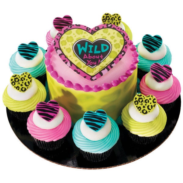 12 WILD ABOUT YOU Cupcake Rings Hearts Love Animal Print Picks Cake Toppers Decoration Birthday Party Craft Supply