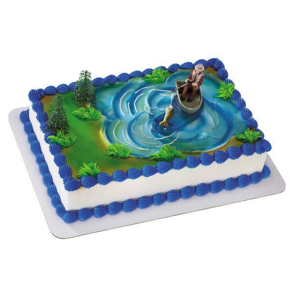 FISHERMAN With ACTION FISH Cake Topper Fishing Hook Pole Tackle Cake Decoration Birthday Decoset