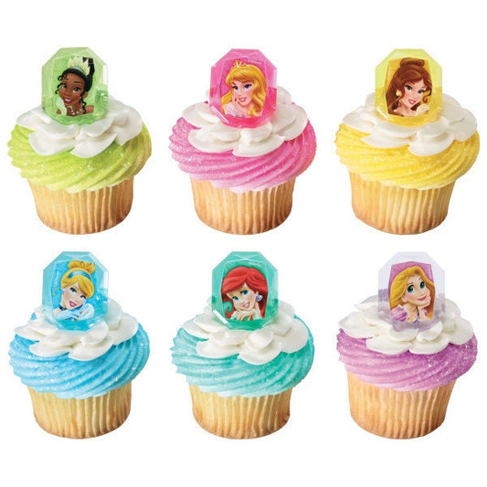 12 DISNEY PRINCESS GEMSTONE Cupcake Rings Tiana Aurora Belle Cinderella Ariel Cake Toppers Birthday Party Decoration Craft Supply