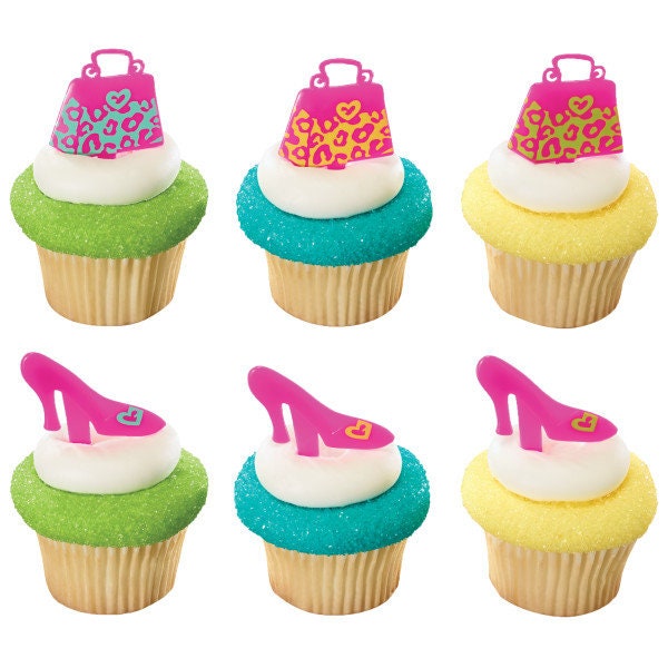 12 PURSE SHOE Cupcake Rings Animal Print Heel Shoe Fashion Cake Toppers Birthday Party Decoration Craft Supply