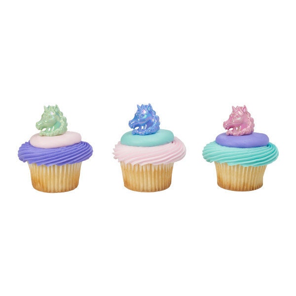 12 UNICORN Cupcake Rings Cake Toppers Fantasy Horse Iridescent Birthday Party Decoration Craft Supply