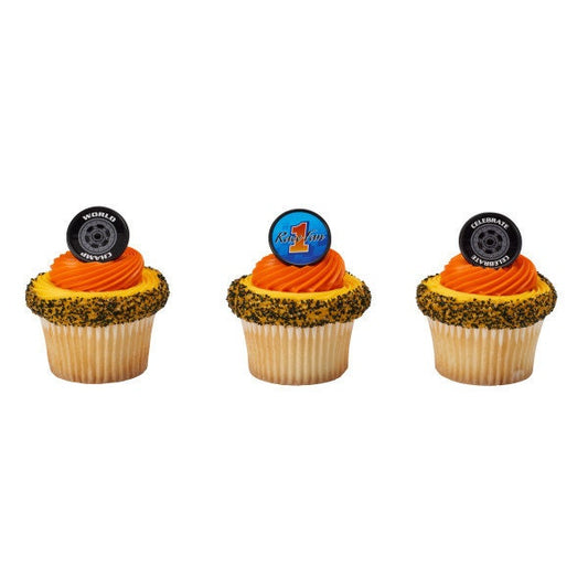 12 SPEEDWAY Cupcake Rings Racing Race Fan Tire Cake Toppers for Birthday Party Decoration Craft Supply