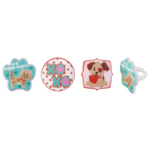 12 PAWS AND KISSES Cupcake Rings Valentine Heart Love Puppy Dog Cat Kitty Xoxo Cake Toppers Birthday Party Decoration Craft Supply