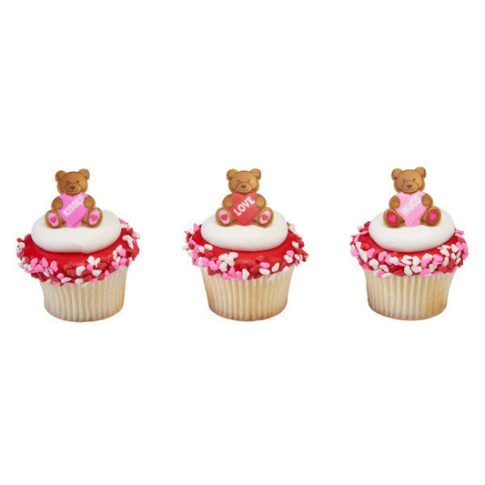 12 VALENTINE TEDDY BEARS Cupcake Rings Heart Love Kisses Xoxo Cake Toppers Birthday Party Decoration Craft Supply