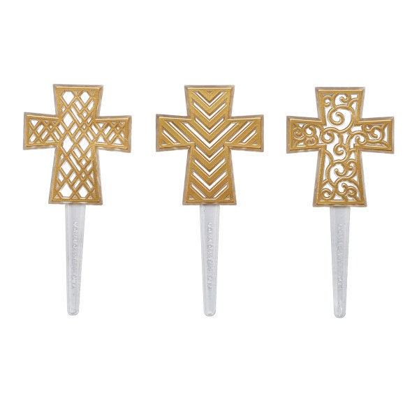 12 GOLD CROSS ASSORTMENT Cupcake Picks Baptism Easter Christian Jesus Church Religious Cake Toppers Rings Party Decoration Craft Supply