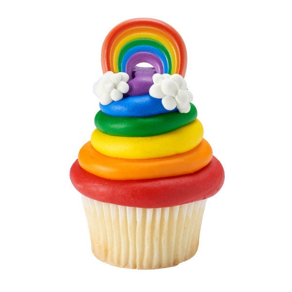 12 RAINBOW Cupcake Rings Fantasy Pride Cloud Mystic Cake Toppers Birthday Party Decoration Craft Supply