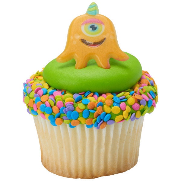 EYEBALL MONSTERS Cupcake Rings (12) Silly Halloween Faces Cake Toppers Birthday Party Decoration Craft Supply