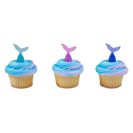 12 MERMAID TAIL Cupcake Picks Under the Sea Ocean Cake Toppers Rings Birthday Party Decoration