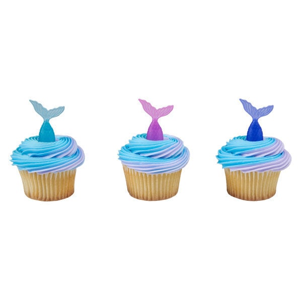 12 MERMAID TAIL Cupcake Picks Under the Sea Ocean Cake Toppers Rings Birthday Party Decoration Craft Supply