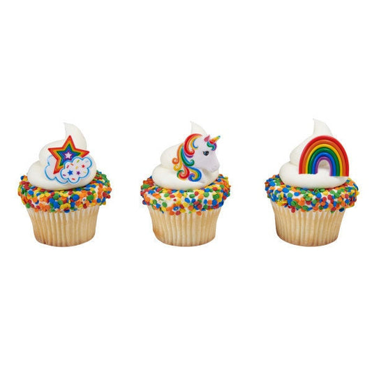 UNICORN ASSORTMENT Cupcake Rings (12) Rainbow Fantasy Cake Toppers Birthday Party Decoration Craft Supply