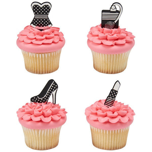 12 GIRLS NIGHT OUT Cupcake Picks Lipstick Shoe Dress Perfume Fashion Cake Toppers Birthday Party Decoration