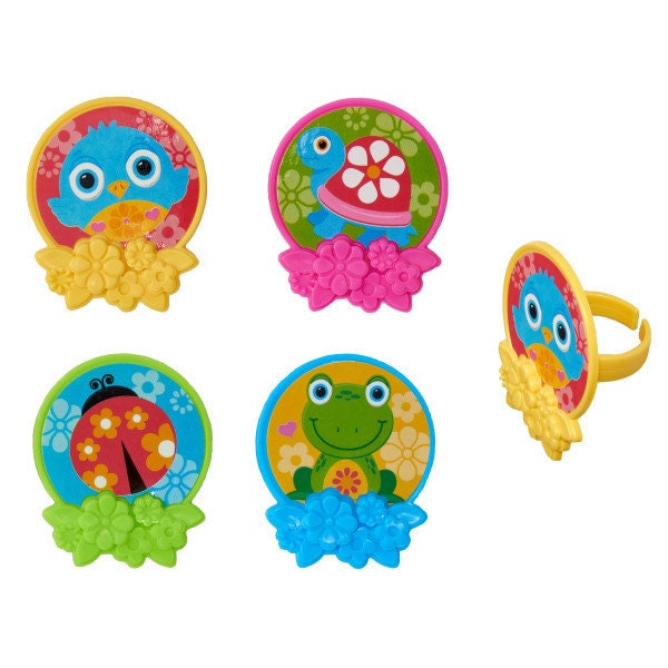 12 SPRING FRIENDS Cupcake Rings Spring Summer Frog Turtle Ladybug Cake Toppers Party Decoration