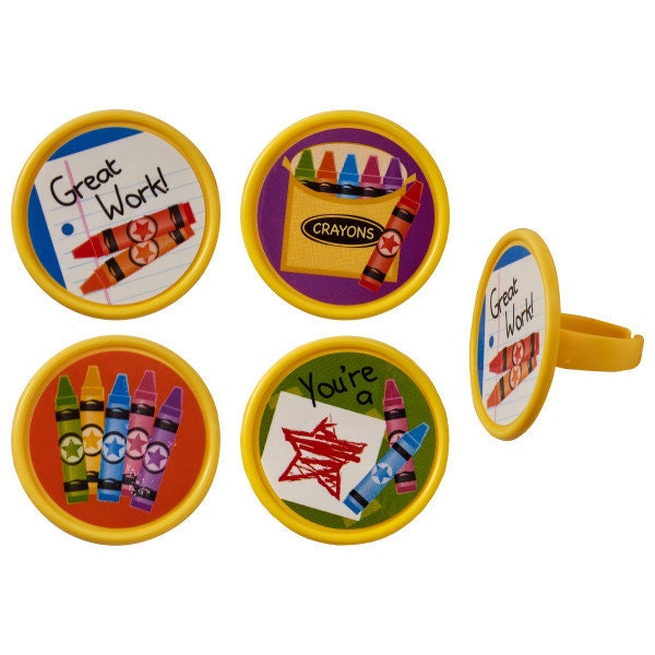 12 CRAYONS SCHOOL Cupcake Rings Teacher Kids Cake Toppers Birthday Party Decoration Picks