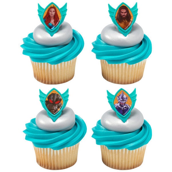 12 AQUAMAN Cupcake Rings Quest Movie Cake Toppers Birthday Party Decoration Picks Craft Supply