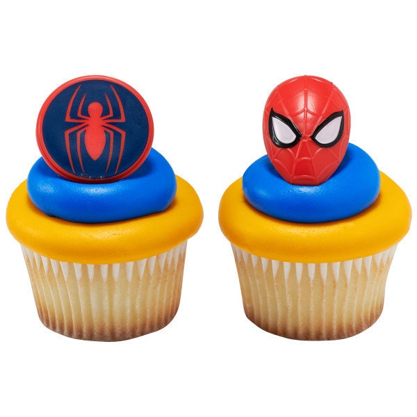 12 SPIDERMAN Cupcake Rings Spider and Mask Marvel Comics Cake Toppers Birthday Party Decoration Picks Spider-Man Craft Supply