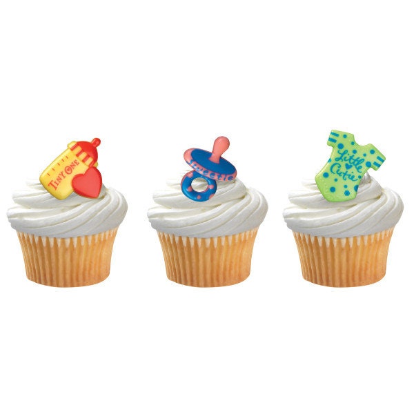 12 BABY SYMBOLS Cupcake Rings Baby Shower Bottle Pacifier Gender Reveal Cake Toppers Party Decoration Craft Supply