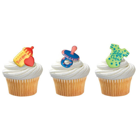 12 BABY SYMBOLS Cupcake Rings Baby Shower Bottle Pacifier Gender Reveal Cake Toppers Party Decoration Craft Supply