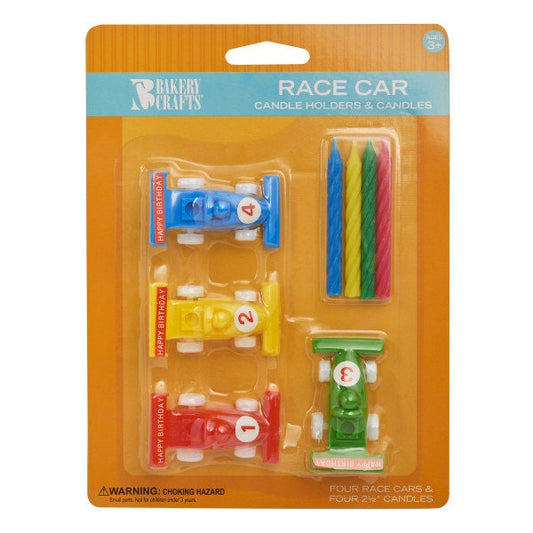 RACE CAR Candle Holder Set With Candles Cupcake Cake Toppers for Boys Birthday Party Decoration Racing Craft Supply