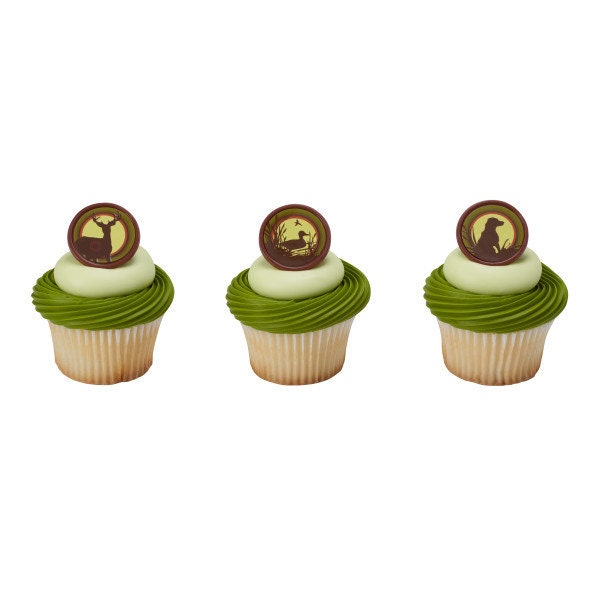 12 HUNTING Cupcake Rings Assortment Bucks Ducks Dog Deer Hunters Cake Toppers Birthday Party Decoration Picks
