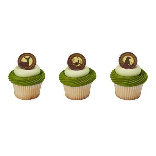 12 HUNTING Cupcake Rings Assortment Bucks Ducks Dog Deer Hunters Cake Toppers Birthday Party Decoration Picks